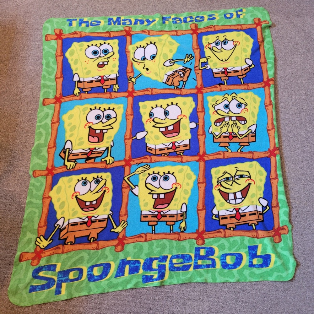 Vtg Nickelodeon SpongeBob SquarePants Fleece Blanket The Many Faces Of 48.5x55